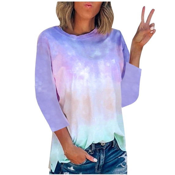 Summer Savings 2024! TAGOLD Womens 3/4 Long Sleeve Summer Tops, Fashion Women's Summer Round-Neck 3/4 Sleeve Print Casual Outing Blouses Tops