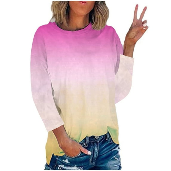 Summer Savings 2024! TAGOLD Womens 3/4 Long Sleeve Summer Tops, Fashion Women's Summer Round-Neck 3/4 Sleeve Print Casual Outing Blouses Tops