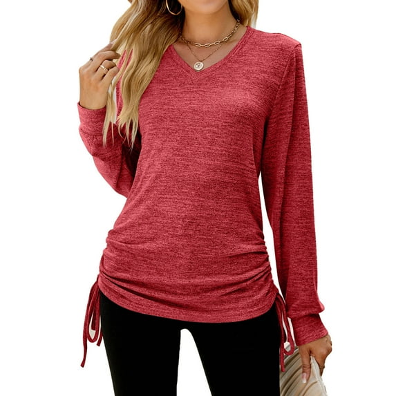 TAGOLD Womens 3/4 Long Sleeve Summer Tops, Women's Autumn/Winter Solid Color Long Sleeve V-Neck Draw-Pleated Loose T-Shirt Top Long Sleeve Crew-Neck Top/Shirt