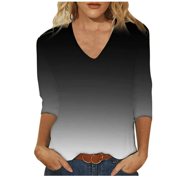 Summer Savings 2024! TAGOLD Womens 3/4 Long Sleeve Summer Tops, Women's Fashion Printing Loose T-shirt 3/4 Sleeves Blouse V-Neck Casual Tops