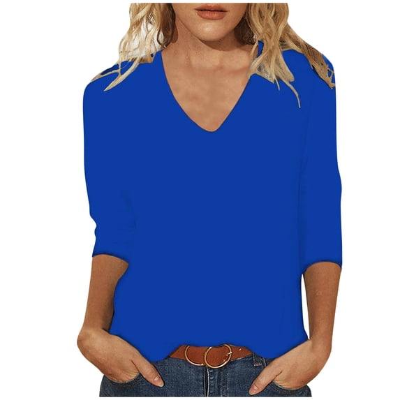 TAGOLD Womens 3/4 Long Sleeve Summer Tops, Women's Fashion Solid Color Loose T-shirt 3/4 Sleeves Blouse V-Neck Casual Tops