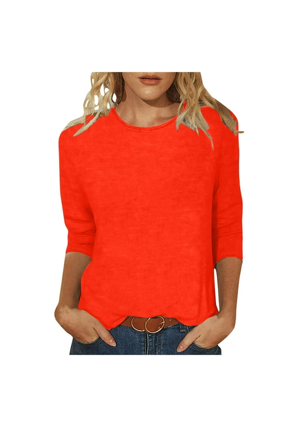 Womens 3/4 Long Sleeve Summer Tops, Women's Fashion Solid T-shirt Mid-length 3/4 Sleeves Blouse Round Neck Casual Tops
