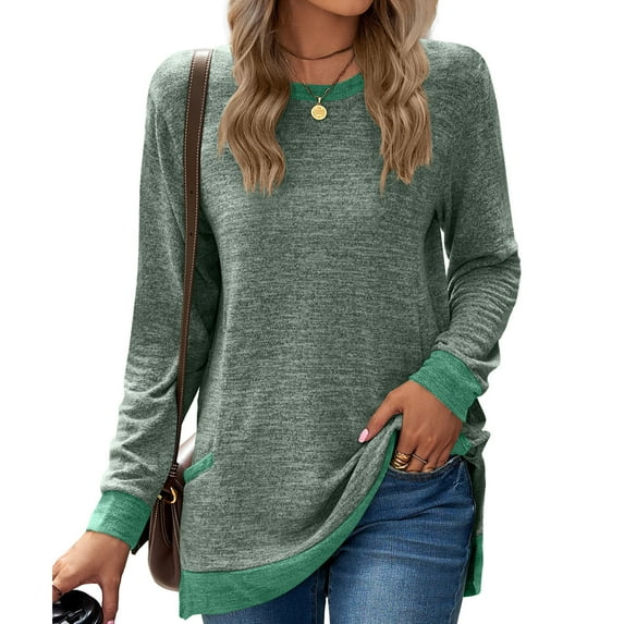 TAGOLD Womens 3/4 Long Sleeve Summer Tops, Women's Round Neck Color Matching Pocket Long Sleeve Pullover Top Loose Casual T-Shirt Long Sleeve Round Neck Top/Shirt