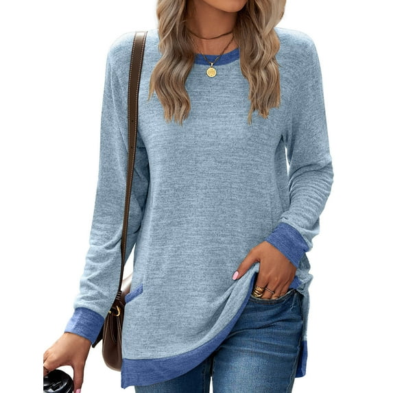 Summer Savings 2024! TAGOLD Womens 3/4 Long Sleeve Summer Tops, Women's Round Neck Color Matching Pocket Long Sleeve Pullover Top Loose Casual T-Shirt Long Sleeve Round Neck Top/Shirt