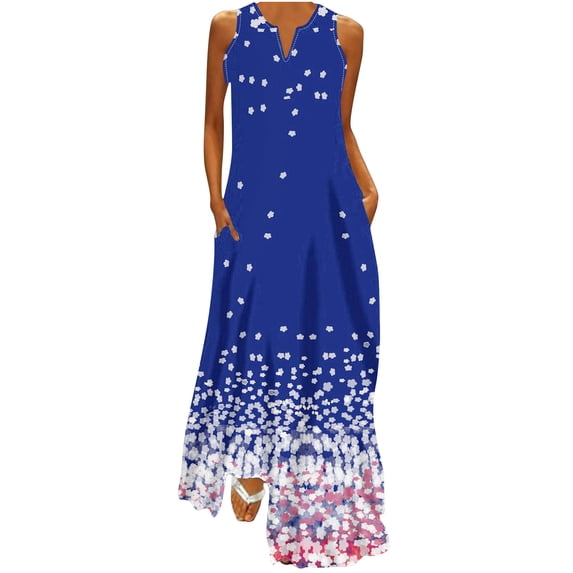 Summer Savings 2024! TAGOLD Womens Plus Size Summer Dresses,Women Casual Loose Printed Tank Dress Beach V-neck Pocket Sundress Sleeveless Dresses Multicolor XXL