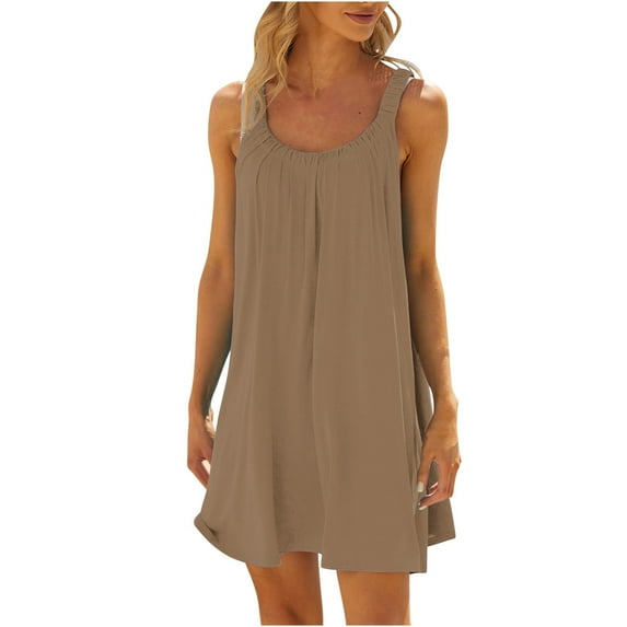 TAGOLD Womens Plus Size Summer Dresses,Women Fashionable Sleeveless Round Neck Printed Loose Long Dress Khaki XXL