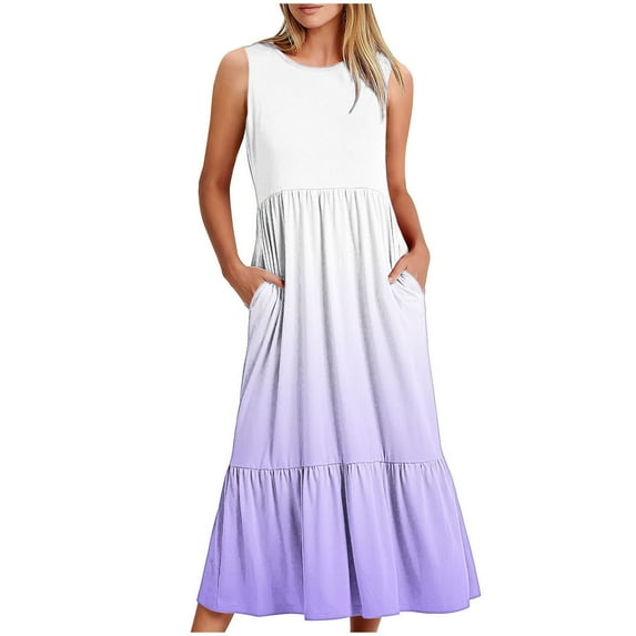 Summer Savings 2024! TAGOLD Womens Plus Size Summer Dresses,Women's Fashionable Sleeveless Pocket Round Neck Printing Loose Long Dress Purple XXL