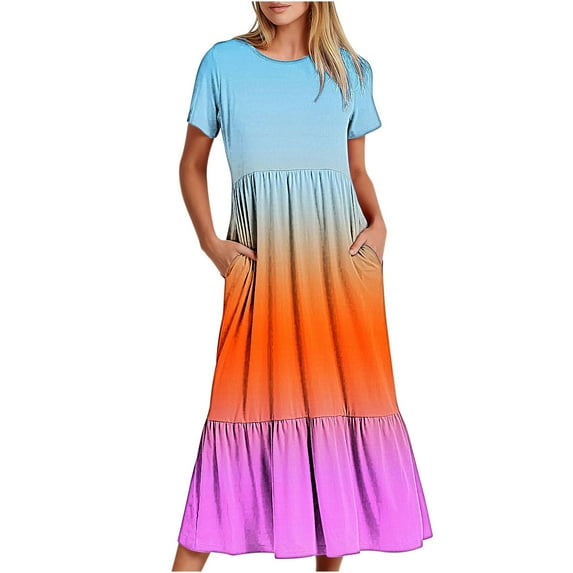 TAGOLD Womens Summer Casual Dress,Women's Summer Casual Short Sleeve Crewneck Dress Casual Flowy Tiered Maxi Beach Dress With Pockets Gradient Print Dress Multicolor XXL