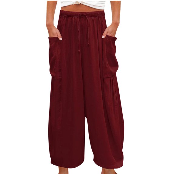 Summer Savings 2024! TAGOLD Womens Summer Pants,Women Cotton Linen Solid Casual Pant Loose Comfy Solid Drawstring Wide Leg Crop Trousers With Pockets