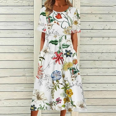 Summer Savings 2024！Women's Summer Sundress Fashion Women Casual Sexy Round Neck Printing Elastic Waist Short Sleeve Pockets Dress Tiered Ruffle Boho Swing Dresses