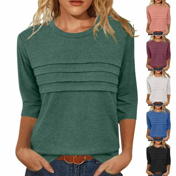 Abomasnow 3/4 Sleeve Shirts for Women Loose Fit Crew Neck Pleated Tunic Tops Fashion Dressy Casual Blouses