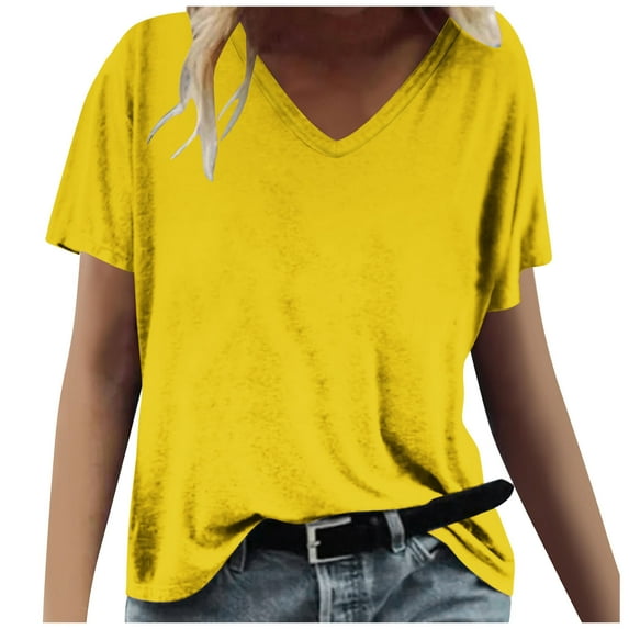 Loopsun Plus Size Womens Summer Tops, Fashion Woman Causal V-Neck Solid Blouse Short Sleeve T-Shirt Summer Tops Yellow L