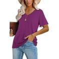 thumbnail image 1 of Loopsun Plus Size Womens Summer Tops, Women's Casual Blouses Solid Color T-Shirt Short Sleeved V-Neck Top Purple M, 1 of 5