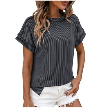 Summer Savings 2025! Loopsun Plus Size Womens Summer Tops, Women‘s Fashion Round Neck Solid Color Knitwear Loose Short Sleeve Top Dark Gray S