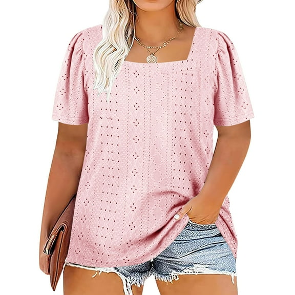 Loopsun Plus Size Womens Summer Tops, Women's Large Size Solid Color Short Sleeve T-Shirt Loose Top Pink XXL