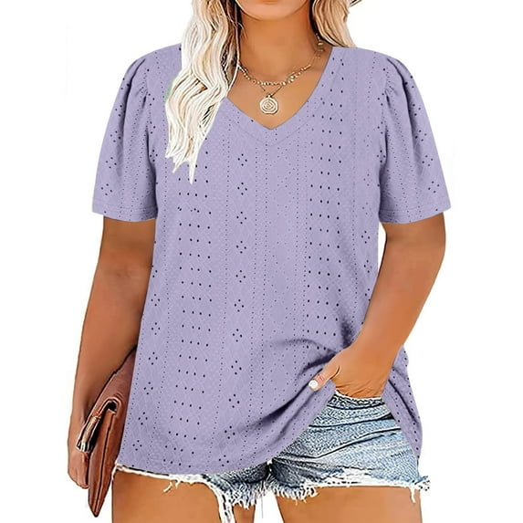 Loopsun Plus Size Womens Summer Tops, Women's Large Size V-neck Solid Color Short Sleeve T-Shirt Loose Top Purple XXXXL