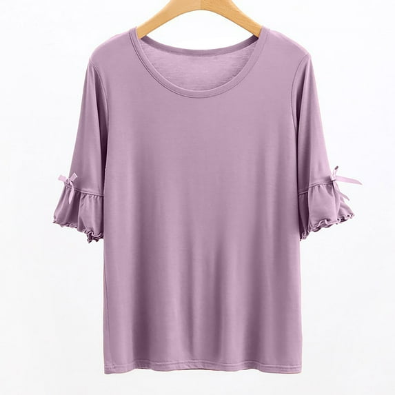 Loopsun Plus Size Womens Summer Tops, Women's Solid Color Bow Short Sleeved T-shirt Women's Thin Loose And Slimming Base Shirt Top Short Sleeved Round Neck Top/shirt Purple L
