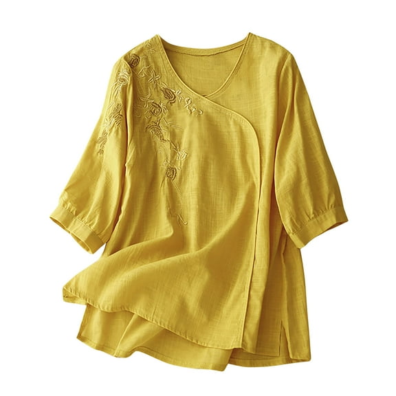 Loopsun Plus Size Womens Summer Tops, Women's Solid Color Cotton And Linen Round Neck Short Sleeved Top Short Sleeved Round Neck Top/shirt Yellow XXL