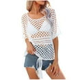 thumbnail image 1 of Loopsun Plus Size Womens Summer Tops, Women's Solid Color Hollowed Out Knitted Cover Up Sun Protection Shirt Casual Short Sleeved T-shirt White XL, 1 of 5