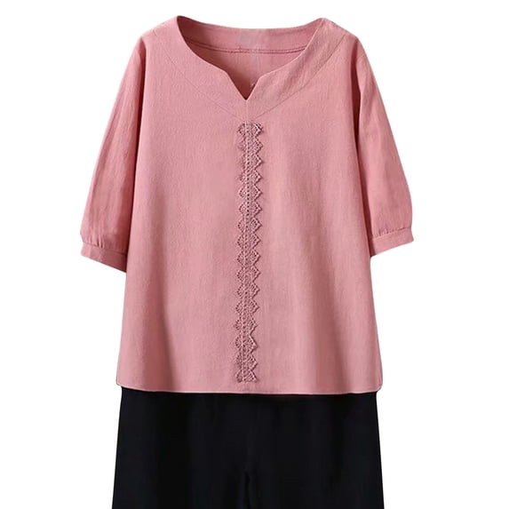 Loopsun Plus Size Womens Summer Tops, Womens Spring Summer Solid Color Embroidery Casual Loose T-Shirt Short Sleeve Round-Neck Tops Cotton Linen Blouse Pink L