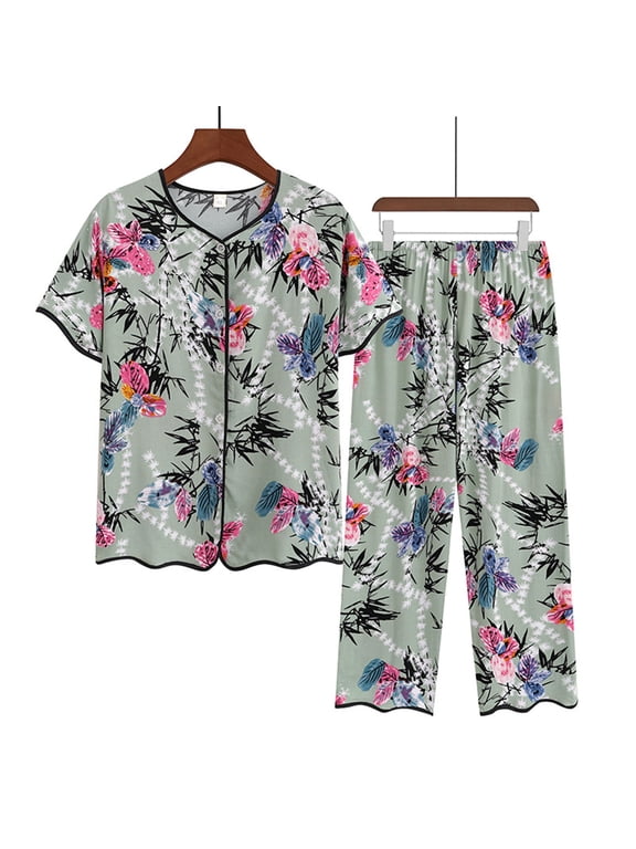 Pajama Sets for Women 2 Piece Baggy Loungewear Set Flower Printed Short Sleeve Tops with Elestic Waist Capri Pants Sleepwear