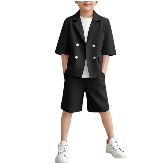 Agkizg 2PC Casual Suits Set Short Sleeve Blazer Pocket Top Elastic Waist Shorts (Boy's or Boy's Plus),2-Piece Set,Sizes 1-13 Years