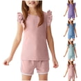thumbnail image 1 of Agkizg 2PC Solid Ribbed Flowy Sleeve Short Sleeve Top Elastic Waist Shorts Set Summer Outfits (Toddler Girl's or Girl's),2-Piece Set,Sizes 1-6 Years, 1 of 5