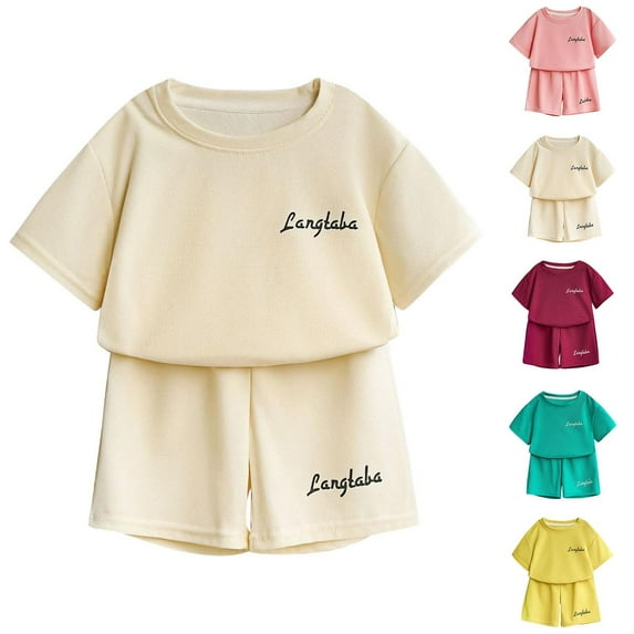 Agkizg Summer Girls Outfit Sets,Toddler Girls Clothing Sets,Short Sleeve Tops and Shorts Outfit Set Solid Color Comfortable and Cute Loungewear Sets Casual 2 Piece Outfits