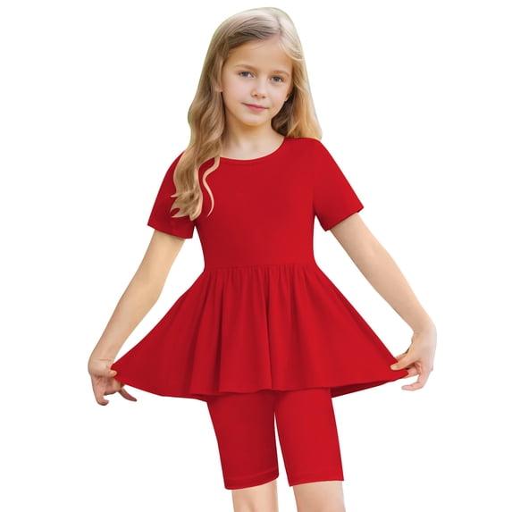 Agkizg 2PC Solid Short Sleeve Top Yoga Shorts Set Casual Summer Outfits (Girl's or Girl's Plus),2-Piece Set,Sizes 5-15 Years