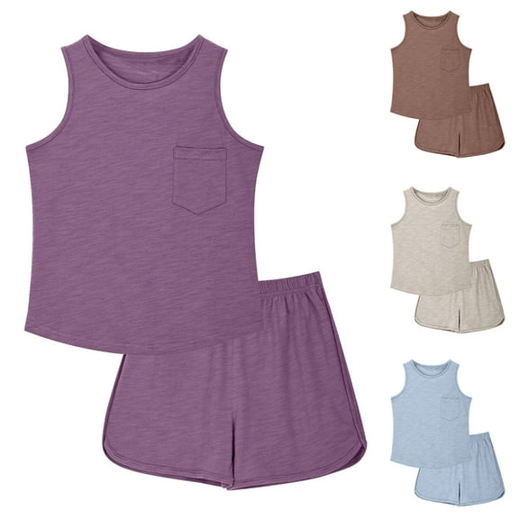 Agkizg Summer Girls Outfit Sets,Toddler Girls Clothing Sets,Sleeveless Tank Tops and Shorts Outfit Set Solid Color Comfortable and Cute Loungewear Sets Casual 2 Piece Outfits