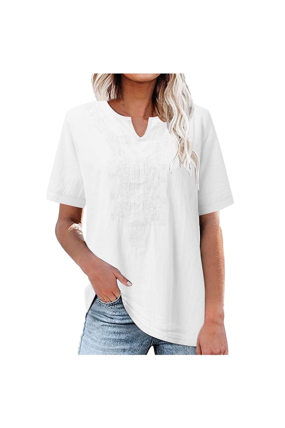 Women's Embroidered Blouse Cotton Linen Short Sleeve Peasant Boho Tunic Tops Casual Notch V Neck Loose Fit T-Shirt
