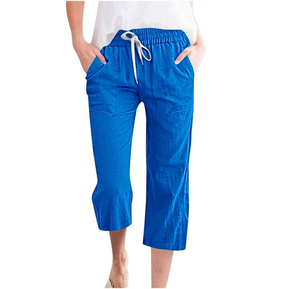 Summer Savings, Ahuyic Capri Pants for Women Casual 2024 Summer Drawstring Elastic High Waist Linen Pant Straight Wide Leg Cropped Trouser, Blue B-L