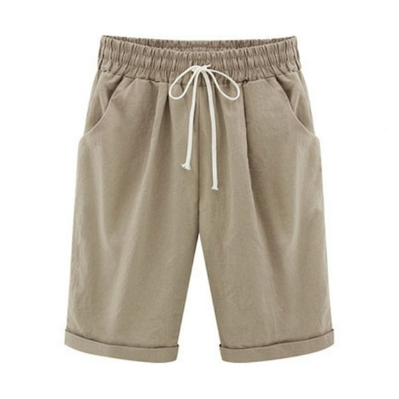 Summer Savings, Ahuyic Capri Pants for Women Summer Solid Elastic Waisted Drawstring Capris Casual Comfy Folded Hem Pants with Pockets, Khaki-S