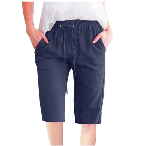Summer Savings, Ahuyic Linen Shorts for Women Knee Length Bermuda Shorts Drawstring Elastic Waist Summer Casual Gym Shorts with Pockets, Navy-XXL