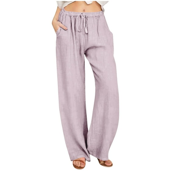 Summer Savings, Ahuyic Women's Linen Summer Palazzo Pants Flowy Wide Leg Beach Pants with Pockets, Purple-S