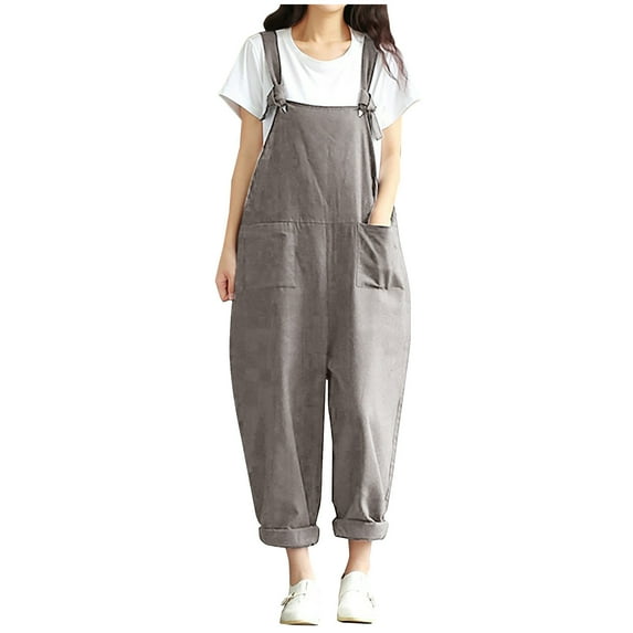 Summer Savings! Ahuyic Womens Cotton Bib Overalls Loose Fit Wide Leg Jumpsuits Casual Rompers with Pockets Gray M