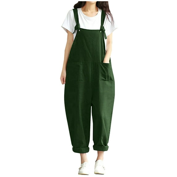 Summer Savings! Ahuyic Womens Cotton Bib Overalls Loose Fit Wide Leg Jumpsuits Casual Rompers with Pockets Green XL