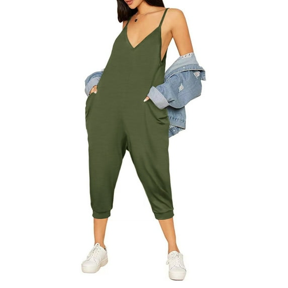 Ahuyic Womens Jumpsuits Loose Fit Casual Capri Jumpsuit Jumpers Rompers Sleeveless with Pockets Maternity Clothes Green S