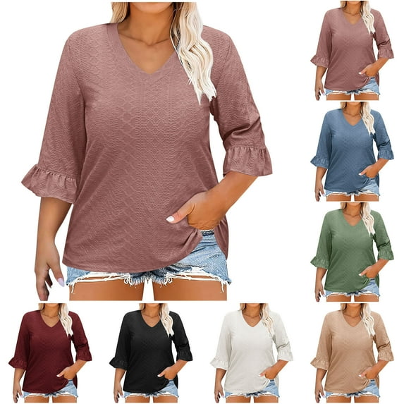 Summer Akafmk 3/4 Sleeve Shirts for Women,Plus Size Summer Womens Casual Bell Sleeve T Shirts,Short Sleeved Solid Color Round Neck T-shirt Top