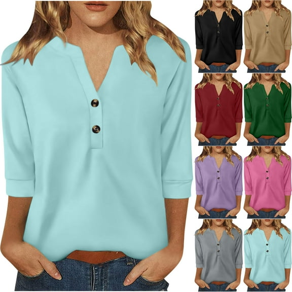Summer Akafmk 3/4 Sleeve Shirts for Women,Summer Womens Button Up Tunic Tops,Fashion Top Tees Casual V-Neck Buttons Solid Loose T-Shirt Blouses Shirts