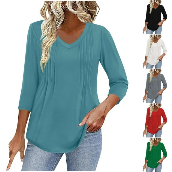 Summer Akafmk 3/4 Sleeve Shirts for Women,Summer Womens Pleated Front Tunic Tops,New Solid Color V-neck Quarter Sleeved Top T-shirt with Pleated Lines On The Chest