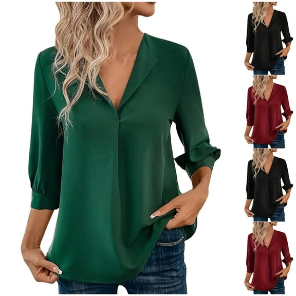 Summer Akafmk 3/4 Sleeve Shirts for Women,Summer Womens Chiffon Top,Spring Summer V-Neck Fashion T-Shirt Solid Color Casual for Women