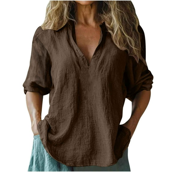 Summer Akafmk 3/4 Sleeve Shirts for Women,Summer Womens Cotton Linen Top,Solid Color Casual V-neck Shirt Top