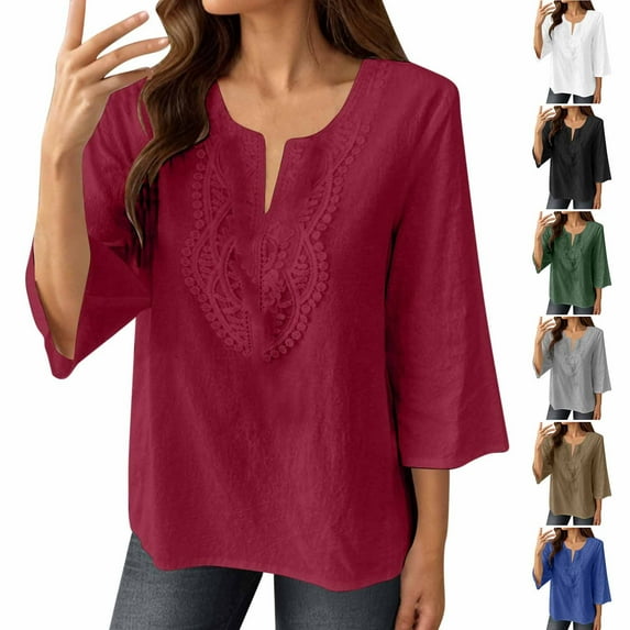 Summer Akafmk 3/4 Sleeve Shirts for Women,Summer Womens Cotton Linen Top,Solid Color Lace Loose V-neck Shirt Top