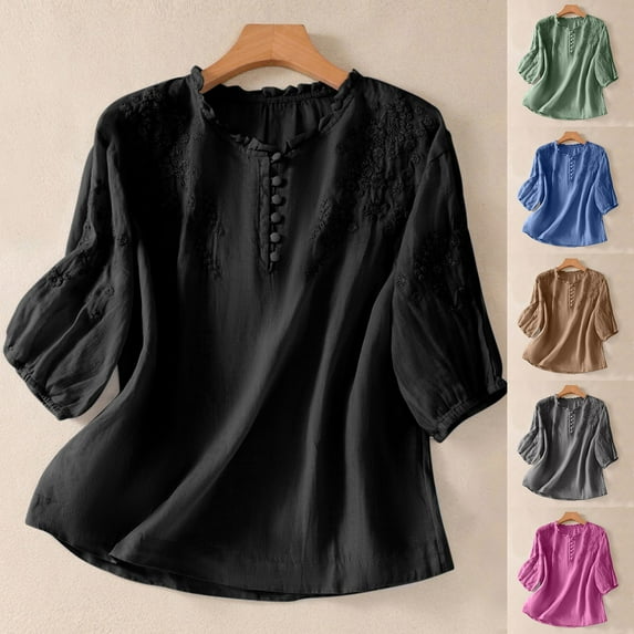 Summer Savings Akafmk 3/4 Sleeve Shirts for Women, Summer Womens Cotton Linen Top, for Casual Short Sleeve Round Neck Summer Loose Tee Shirts Blouse