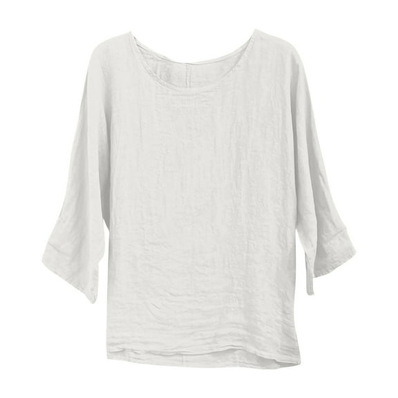 Summer Akafmk 3/4 Sleeve Shirts for Women,Summer Womens Cotton Linen Tunic Tops,New Round Neck Pullover Casual Solid Color Top T-shirt