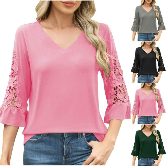 Summer Akafmk 3/4 Sleeve Shirts for Women,Summer Womens Lace Bell Sleeve Tunic Tops,Fashion Casual Solid Ladies V-Neck Lace Top Blouse