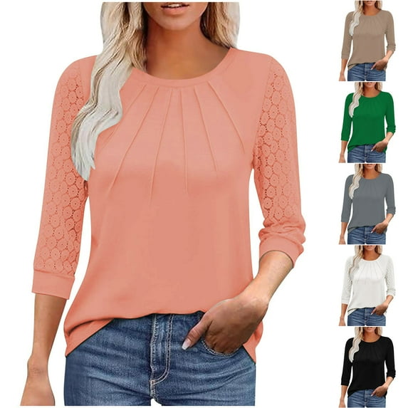 Summer Savings Akafmk 3/4 Sleeve Shirts for Women, Summer Womens Pleated Front Tunic Tops,Casual Loose Solid Color V-neck Lace Quarter Sleeve Top