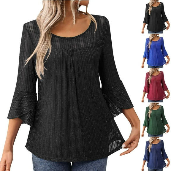 Summer Akafmk 3/4 Sleeve Shirts for Women,Summer Womens Pleated Front Tunic Tops,Solid Color Sparkling Bronzing Round-Neck Blouses