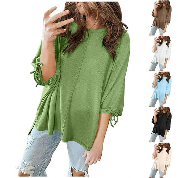 Summer Akafmk 3/4 Sleeve Shirts for Women,Summer Womens Smocked Cuffs Top,New Lace Sleeve Round Neck Cover Line Solid Color Casual Blouse